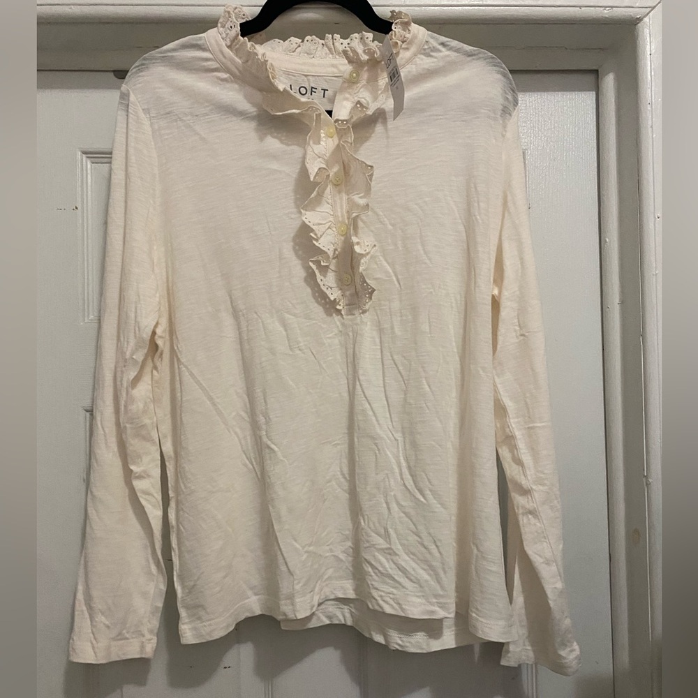 LOFT Cream Ruffle-Front Long Sleeve Blouse